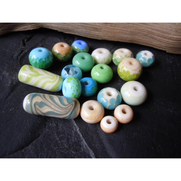 Mixed Light Blue and Green Handmade Lampwork Glass Bead Set. Jewelry Supply - Picture 1 of 5